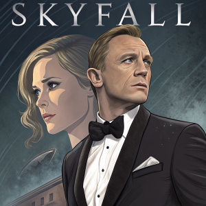 Promotional poster for 'Skyfall'. Daniel Craig in a tuxedo, close-up of Bond girl, Riva Seyfried, intense expression.