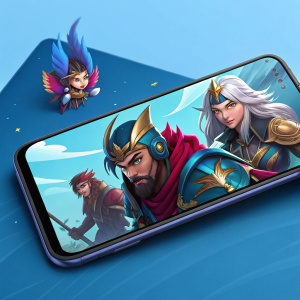 Digital art featuring League of Legends Wild Rift. Characters on smartphone screen, highlighted with detailed illustration against vibrant blue background. Colorful and visually engaging advertisement.