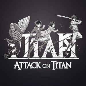 A stylized logo of Attack on Titan featuring creative alphabet with sketch-like characters in dynamic poses. Monochromatic color scheme, bold graphic font, dark background, stark contrast