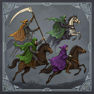 Digital illustration of the Four Horsemen of the Apocalypse. Dynamic poses, dramatic scene. Frame border with intricate line art and patterns. Colors: brown, green, purple, dark gray. Dark gray background. Comic book style.