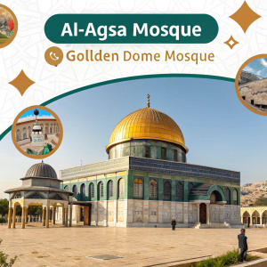 A detailed infographic about Al-Aqsa Mosque, the golden dome mosque, showcasing architectural highlights and historical facts. Text in Arabic, colorful sections with icons, images of mosque and surroundings