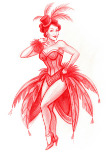 A full-body burlesque dancer, the image in a 1920s style with a predominant red color palette.