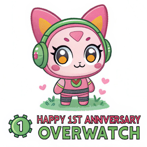 Pixel art illustration featuring an Overwatch character as a cute, pink anthropomorphic figure with green and other colorful accents. Festive message: 'Happy 1st Anniversary Overwatch' in retro 8-bit style at the bottom.