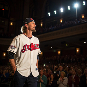 Josh Tomlin, dressed in Cleveland Indians jersey, stands confidently at baseball awards ceremony. Crowded auditorium with dim lighting, focusing spotlight on him