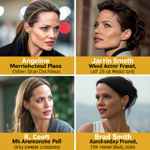 Collage showcasing Angelina Jolie's diverse acting career. Includes iconic scenes from 'Girl, Interrupted', 'Tomb Raider', 'Mr. & Mrs. Smith', 'Wanted', and her appearance in 2014.