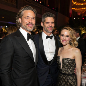 Brad Pitt, Eric Bana, Rachel McAdams at the Gotham Awards. They're smiling, dressed in tuxedos and gowns. The venue is New York City's Cipriani Wall Street, with a festive atmosphere.