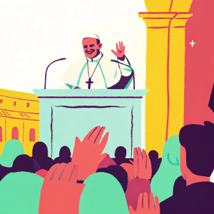Pope Francis addressing a crowded Vatican event from a white marble podium. Wearing traditional papal vestments, he waves to the enthusiastic crowd gathered in St. Peter's Square.