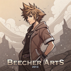 Digital artwork of Roxas from Kingdom Hearts, with an emo hairstyle and confident stance. Brown and gray color palette, comic book style, rugged textured background, 'Beecher Arts 2013' at bottom