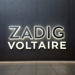 Zadig Voltaire logo in sleek sans-serif font. Bright white on dark gray backdrop.