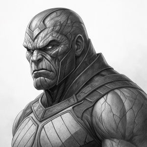Pencil drawing of Darkseid, muscular build, cracked skin, stern angry face, black and white, plain background