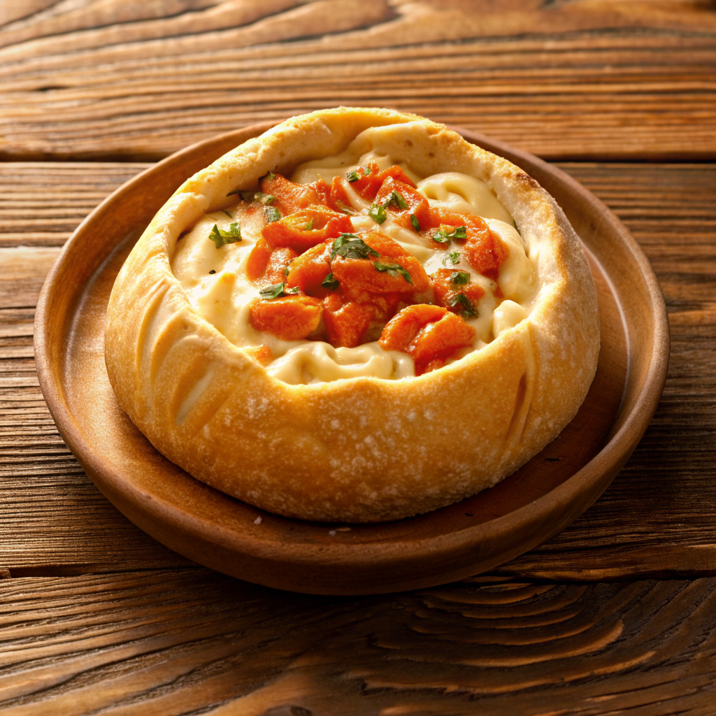 a plate of pasta tomato cream inside a round bread