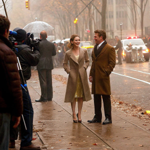 Richard Madden, Lily James, and Kenneth Branagh, standing on a busy street with reporters and cameras flashing