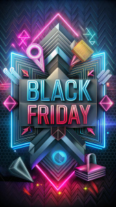 An energetic Black Friday sale background with sleek, modern design elements. A combination of geometric patterns, shopping icons, and glowing discount signs set against a dark, grunge-style backdrop. The contrast between light and shadow creates a sense of urgency and excitement.