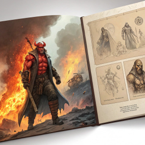 An artbook showcasing concept art from the Hellboy franchise. Left page: Hellboy in a vibrant, fiery action scene. Middle: Detailed sketches of Hellboy characters and components. Right: An ancient, gnarly character in dynamic artwork.