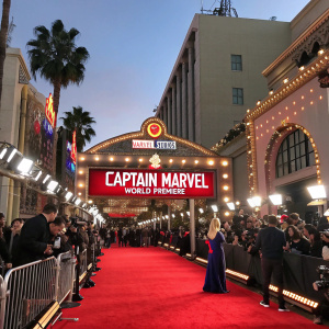 World Premiere of Captain Marvel at the Dolby Theatre. Red carpet, ornate archway, and vibrant colors. Marvel Studios logo and text 'Captain Marvel World Premiere' prominently displayed.
