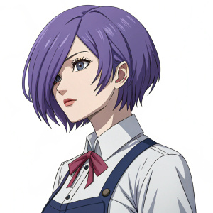 Illustration of Touka Kirishima from Tokyo Ghoul: Re. She has short purple hair and a more mature, feminine look.