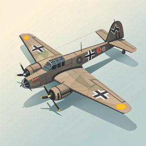 A digital, low-poly style illustration of a Junkers Ju 88 aircraft from WWII. The plane is depicted in a cartoon-like manner with muted colors. It features distinct war-time insignia and markings.