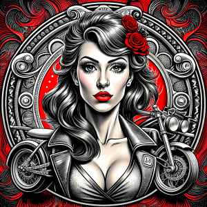 motorcycle club lady tattoo design - perfect realistic art - high-definition - grey and black - white background 