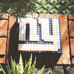 Creative LEGO sculpture of New York Giants logo. Colorful bricks assembled in blue, white and green to resemble the team emblem. Set against a backdrop of a similar green pattern.