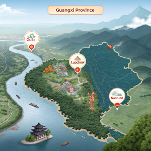 Interactive map highlighting Guangxi Province in China. Focus on major cities like Guilin, Luochow, and Nanning.