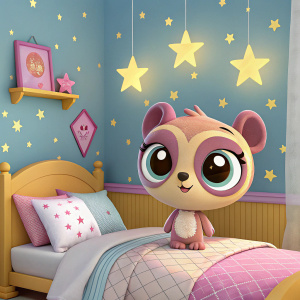 A cute cartoon character from Littlest Pet Shop in a cozy bedroom scene. Brightly colored walls with star-shaped decorations. Character has big eyes and a soft, cuddly look.