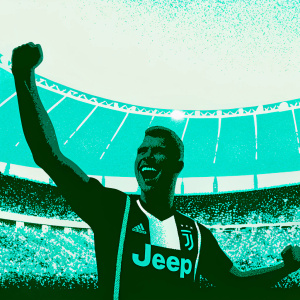 Cristiano Ronaldo, joyfully celebrating. Wearing a black and white jersey with Jeep logo. Stadium filled with excited fans and banners.