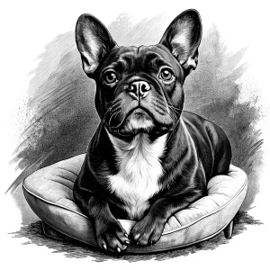 black french bulldog lying on dog bed  black and white rough pen sketch white background