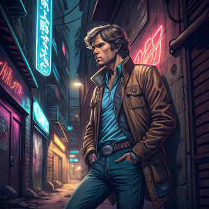 Illustration of Han Solo. Wearing casual brown jacket, blue shirt, and jeans. Poses in gritty alleyway. Bright neon signs cast vibrant shadows