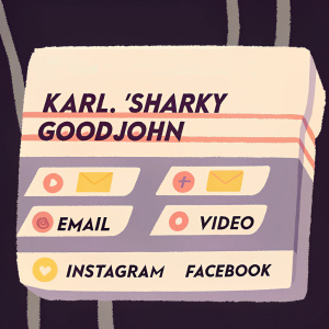 Karl 'Sharky' Goodjohn's logo blazes in azure, crowned by whispers of the social sphere. Below, icons beckon to the realms of email, video, Instagram, and Facebook. Beneath all, the hallowed script of the email domain stands as a testament to the brand's rule over the digital universe.