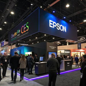 Interactive Epson exhibit at CES trade show. Sleek design with dark tones. Backdrop is a vibrant CES logo and a sea of exhibitors.