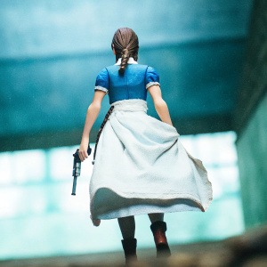 Claire Redfield from Resident Evil game. Back view, blue top and white dress, brown boots, holding a gun. Rendered image, background is dark and blurred.