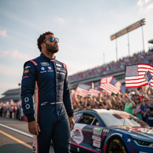 Bubba Wallace at NASCAR track, wearing a dark blue race suit, sunglasses. Crowds cheering in the background