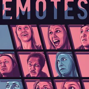 A vivid illustration featuring a grid of animated Twitch emotes. Bold, expressive faces with vibrant color schemes. 'EMOTES' headline in bold letters.