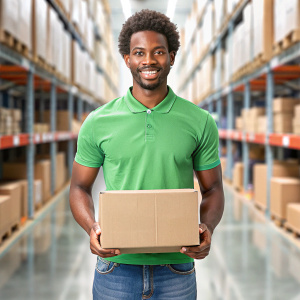 Generate an image of a Habesha, Ethiopian Man a detailed and realistic image of a young adult  wearing a green t-shirt and jeans, standing inside a e-commerce warehouse store. The person is holding a cardboard box with both hands, and the box is labeled with the logo of the store. The store environment should include shelves stocked with various products, a checkout counter with a cash register, and promotional banners hanging from the ceiling. The person should appear focused and attentive