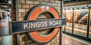 un cartel vacio en el medio del metro de londres, la estacion se llama KINGS ROAD, logo de metro de londres 