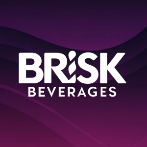 Logo for Brisk Beverages. Modern, sans-serif font in white. Gradient background from dark purple to black.