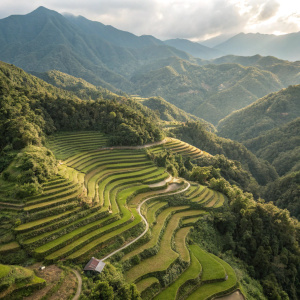Aerial view of Bontoc rice terraces. Philippine mountain province. Stepped fields follow the mountains, forming intricate patterns. Dense forest backdrop.