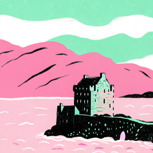 Eilean Donan Castle, an ancient fortress, stands proudly on the coast of Loch Duich, surrounded by majestic mountains. The scene captures the essence of Scottish beauty.