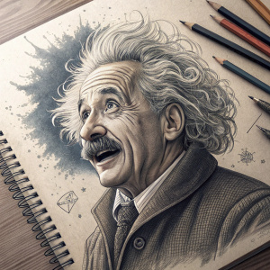 A charcoal sketch of Albert Einstein. Creative interpretation. Dynamic expression, pencils and sketchbook visible