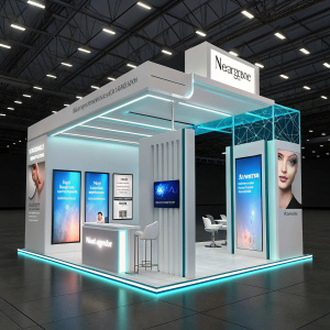 Neutrogena's booth at a tech convention. Sleek design, glowing screens. Futuristic ambiance.