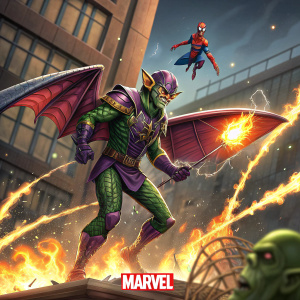 A digital illustration featuring the Green Goblin, a formidable Marvel villain. Surrounded by flames and dynamic lighting, the Green Goblin stands menacingly. In the background, Spider-Man is seen in action, barely visible. The vibrant colors and intricate details bring the scene to life. Marvel logo at the bottom.