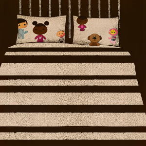 Bedroom featuring Doc McStuffins bedding set. Pink duvet cover with striped pattern, plush toys, and accessories. Playful cartoon characters