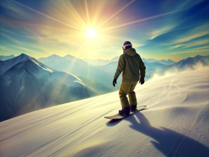 a snowboarder on a snowboard rides down the slope with his back to the viewer, facing the mountains, bright background, bright sunlight