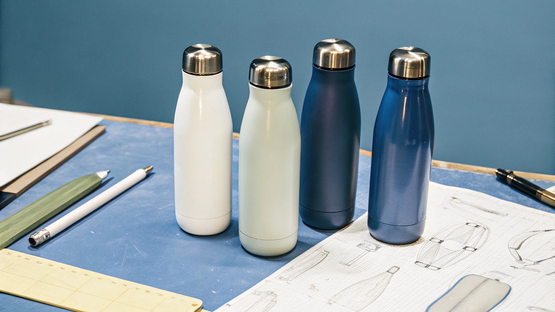 A variety of insulated bottles in different colors and designs displayed on a table. Next to them are tools like a pencil, engraving stencils, and design sketches to emphasize the importance of customization options.