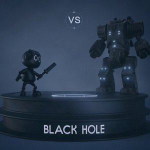 Friendly robot character, small and cartoonish, battling a larger, heavily armored robot on a neon platform. The words 'VS' and 'Black Hole' are displayed prominently. Against a grey backdrop.