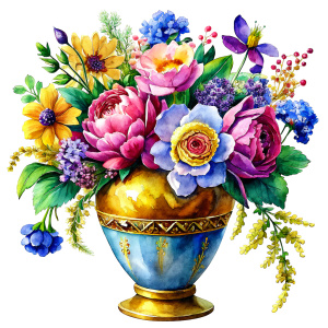 a WATERCOLOR IMAGE Antique Bohemian Enamel decorated  gold Blue Glass Vase, decorated with fine porcelain flowers .THERE ARE IN THE VASE : amaranth  peonies  ,yellow green WEEDS ,burgundy PEONIES,light orange Bougainvillea, purple dandelion ,plum geranium,Narcissus,mint crocusES ,mauve daffodil ,mustard roses ,amaranth Damarion s,  yellow  tulips , pink freesia , lavender Common Crape Myrtle ,yellow Watsonia ,tritoma.carmine Chandramallika, burgundy VIOLETS ,SEPHIA SISYMBRIUM,CREAM CHAMOMILE , t
