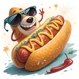 Funny meme-style image of a hot dog wearing sunglasses and grinning widely.