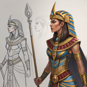 Fantasy character concept art. Female warrior inspired by ancient Egyptian mythology. Progression from rough sketches to detailed illustrations. Grayscale studies leading to vibrant color schemes with rich hues.