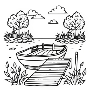 A tranquil pond with a small dock and a rowboat