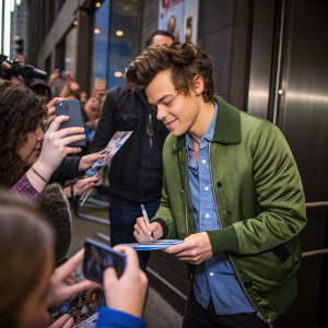 Harry Styles in a casual outfit. Green jacket, blue shirt. Signing autographs at SiriusXM studio. Fans surrounding him